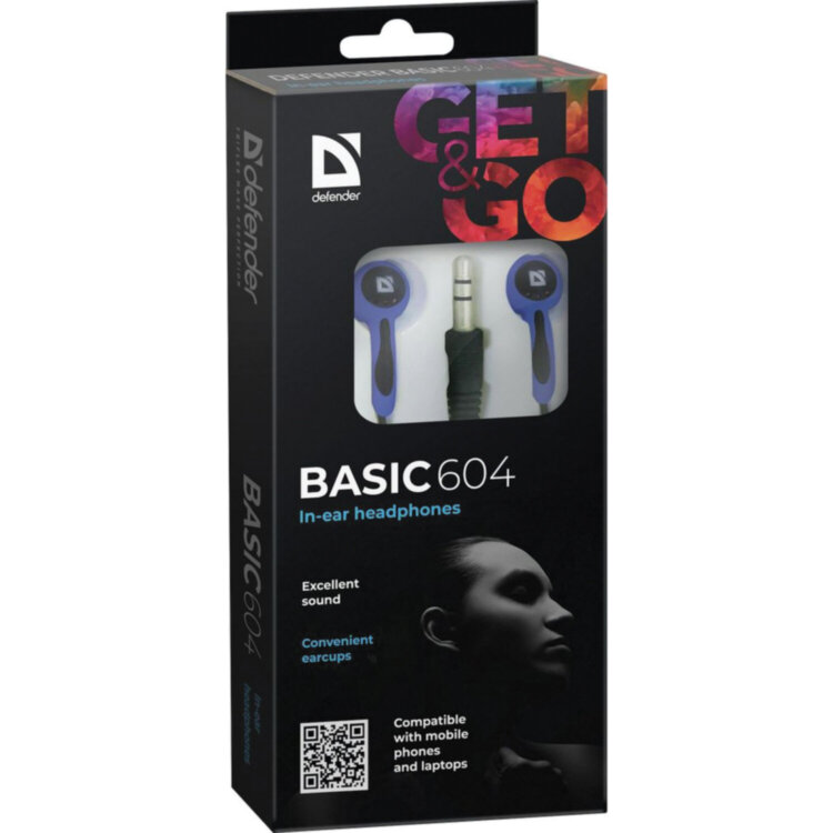 Наушники DEFENDER Basic 604, проводные, 1,1 м, вкладыши, черные с голубым, 63608, 511711