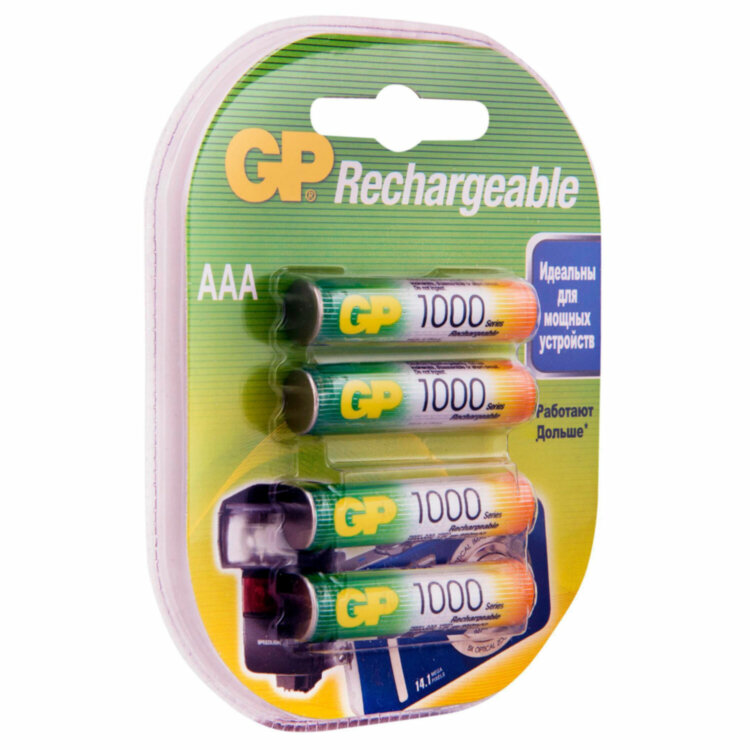 Батарейки аккумуляторные Ni-Mh мизинчиковые КОМПЛЕКТ 4 шт. AAA (HR03) 950 mAh, GP, 100AAAHC-2DECRC4, 457769