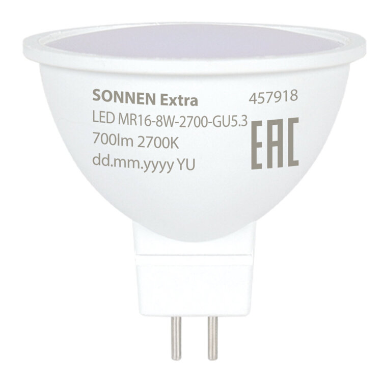 Лампа светодиодная SONNEN EXTRA, 8 (70) Вт, GU5.3, софит, теплый белый, 30000 ч, LED MR16-GU5.3-8W-2700, 457918, 457918