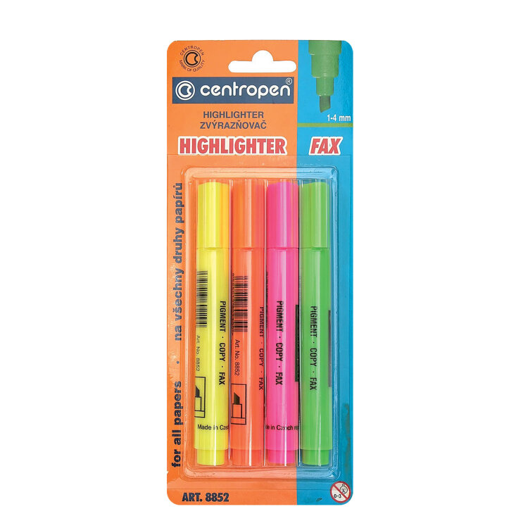 Текстовыделители CENTROPEN НАБОР 4 ЦВЕТА, с клипом, линия 1-4,6 мм, 488520403, 151121