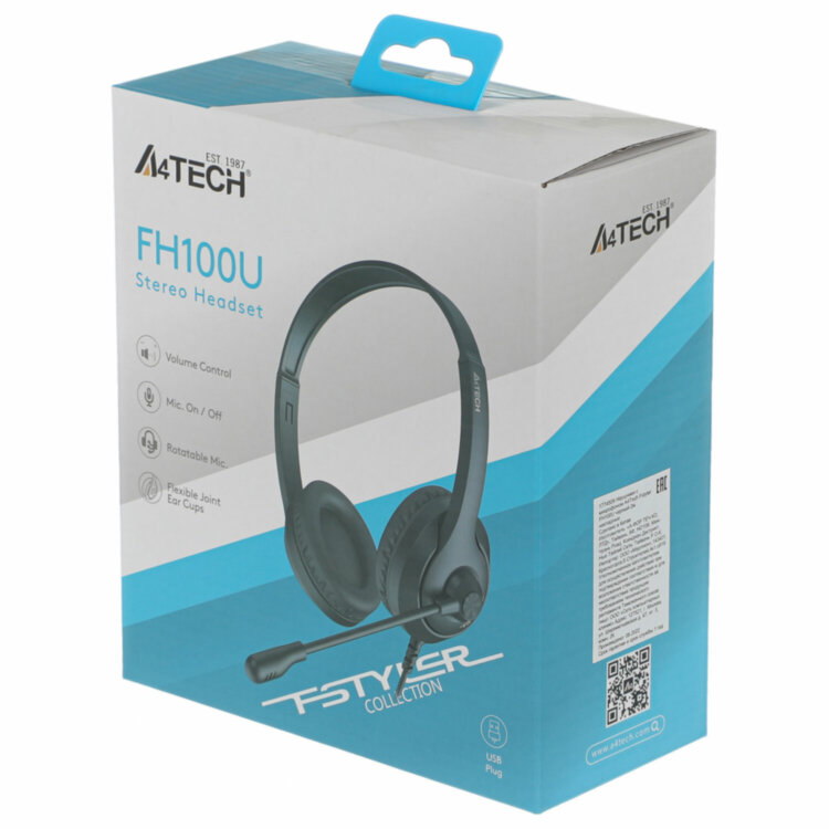 Наушники с микрофоном (гарнитура) A4TECH Fstyler FH100U, проводные, 2 м, USB, черные, 1774509, 513933