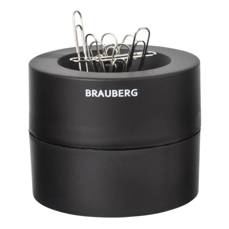 Скрепочница магнитная BRAUBERG с 30 скрепками, большой бочонок, черная, 225191, 225191
