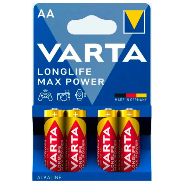 Батарейки алкалиновые "пальчиковые" КОМПЛЕКТ 4 шт., VARTA LONGLIFE MAX POWER, АА (LR6, 24А), блистер, 4706101404, 457408