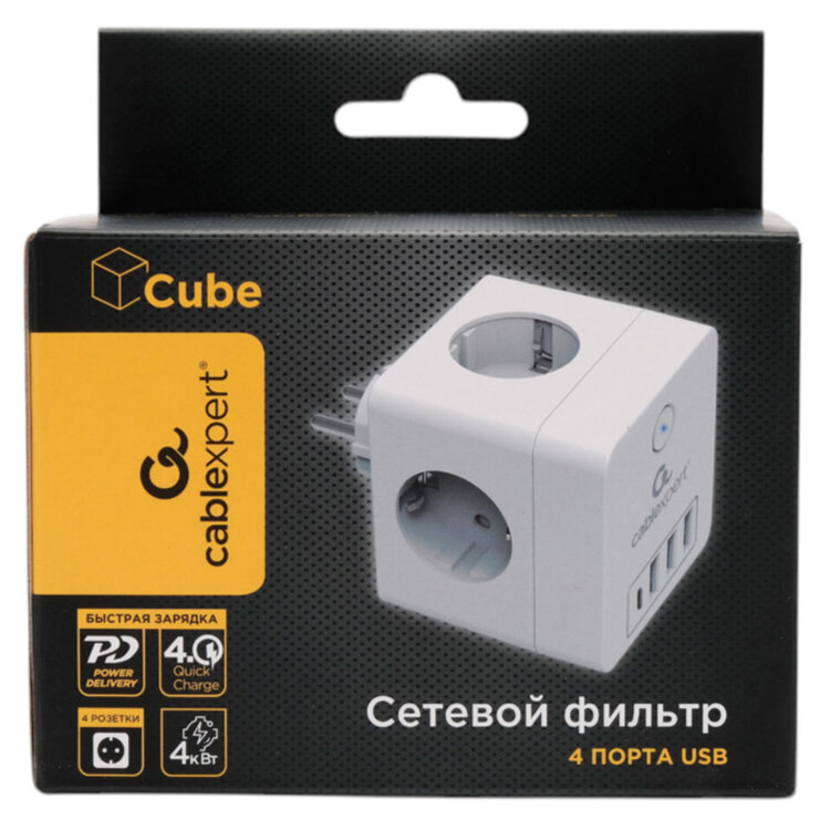 Сетевой фильтр CABLEXPERT Cube, 4 розетки, 16 А, 1 x Type-C PD, 3 х USB, белый, CUBE-4-СU3-W, CUBE-4-CU3-W, 514302