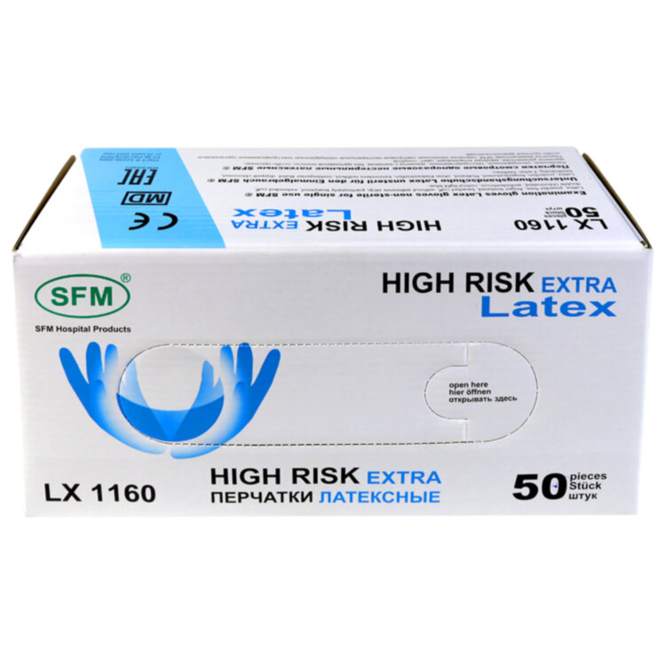 Перчатки латексные смотровые сверхпрочные SFM HIGH RISK LX 1160, Германия, 25 пар (50 штук), размер 9-10, XL (очень большой), 631513