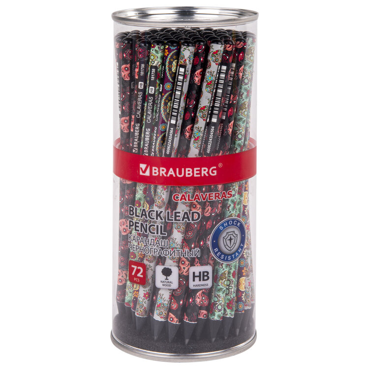 Карандаш чернографитный BRAUBERG "CALAVERAS", 1 шт., HB, корпус ассорти, 181758, 72 штук, 181758