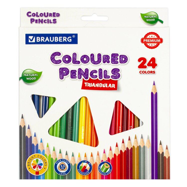 Карандаши цветные BRAUBERG PREMIUM, 24 цвета, трехгранные, грифель 3,3 мм, натуральное дерево, 181653, 181653