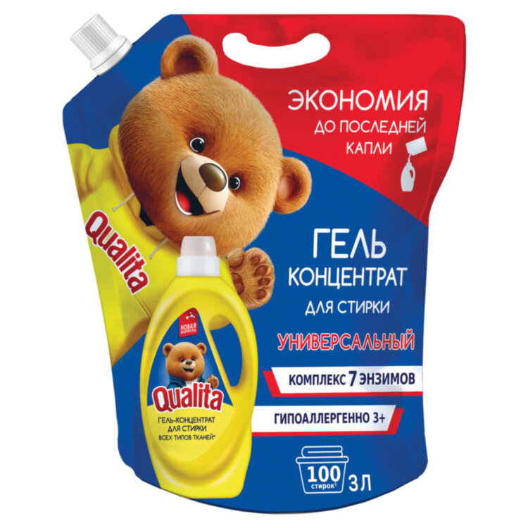 Гель для стирки универсальный 3 л, QUALITA, для всех типов тканей, концентрат, дой-пак, 11435, 702022