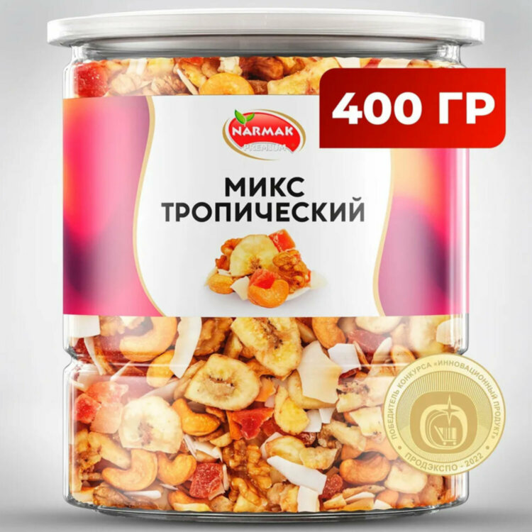 Орехи и сухофрукты NARMAK "Микс Тропический", грецкий орех, кешью, кокос, банан, цукаты, 400 г, 623569