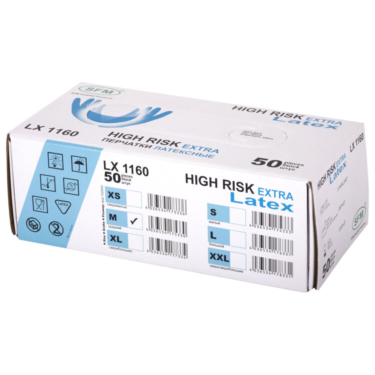 Перчатки латексные смотровые сверхпрочные SFM HIGH RISK LX 1160, Германия, 25 пар (50 штук), размер 7-8, M (средний), 631511
