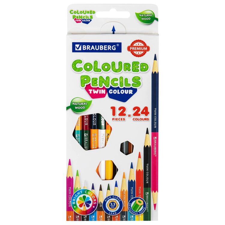 Карандаши цветные двусторонние BRAUBERG PREMIUM TWIN COLOUR, 12 штук, 24 цвета, шестигранные, грифель 3,3 мм, натуральное дерево, 181874, 181874