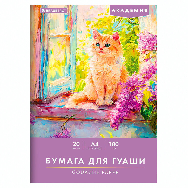 Бумага для гуаши А4 20 л., 180 г/м2, 210х297 мм, в папке, BRAUBERG АКАДЕМИЯ, "Котик", 117737, 117737