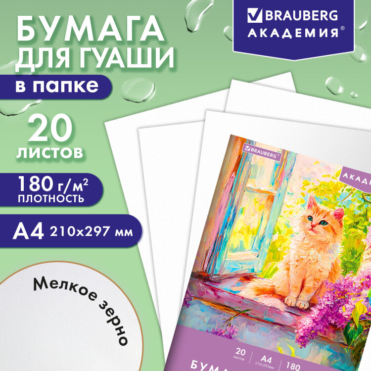 Бумага для гуаши А4 20 л., 180 г/м2, 210х297 мм, в папке, BRAUBERG АКАДЕМИЯ, "Котик", 117737, 117737