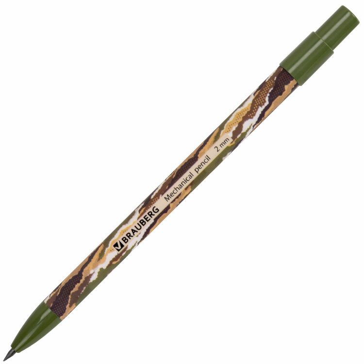 Карандаш механический цанговый 2 мм, BRAUBERG PRINT MILITARY, HB, встроенная точилка, корпус ассорти, 181962, 24 штук, 181962