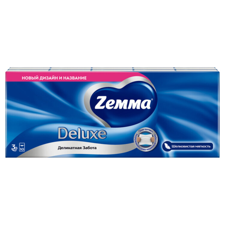 Платочки бумажные носовые ZEMMA/ZEWA Deluxe 3-слойные, СПАЙКА 10 пачек по 10 шт., 21х21 см, 511741, 126255
