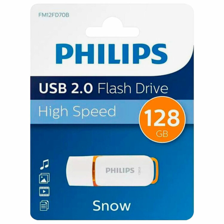 Флеш-диск 128 GB PHILIPS SNOW, разъем USB 2.0, желтый, FM12FD70B/97, 514081