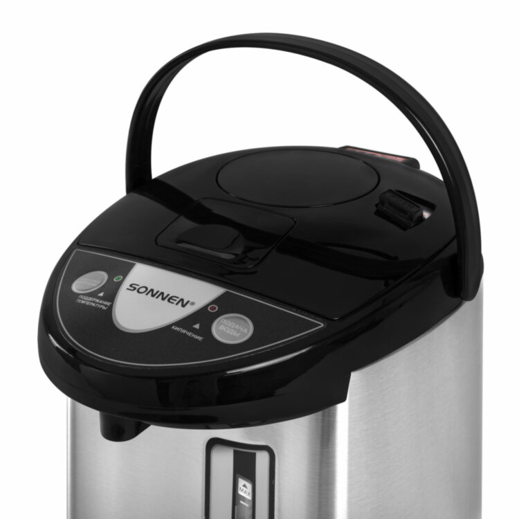 Термопот SONNEN TP-50, 5 л, 900 Вт, 1 температурный режим, 3 режима подачи воды, сталь, белый/серебро, 456711, 456711