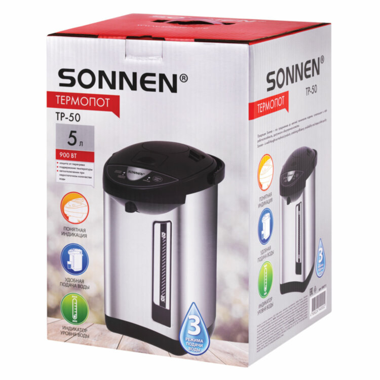 Термопот SONNEN TP-50, 5 л, 900 Вт, 1 температурный режим, 3 режима подачи воды, сталь, белый/серебро, 456711, 456711