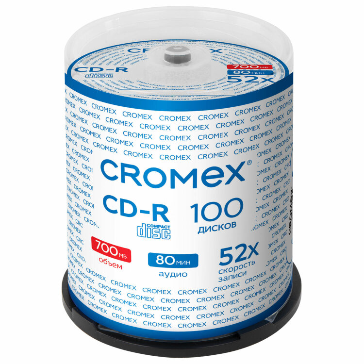 Диски CD-R CROMEX, 700 Mb, 52x, Cake Box (упаковка на шпиле), КОМПЛЕКТ 100 шт., 513778, 513778