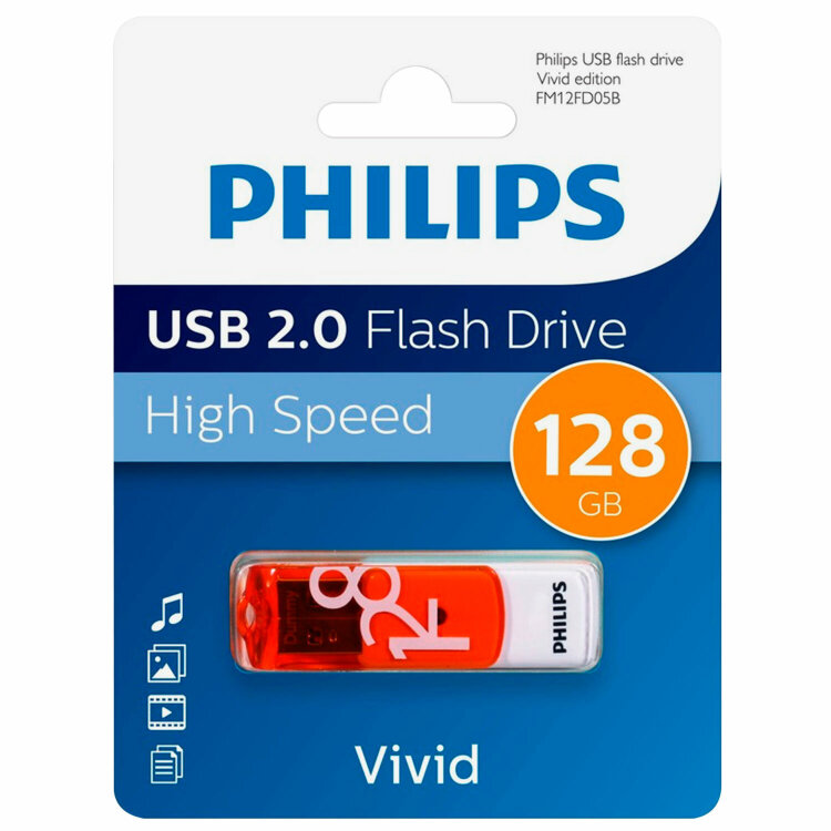 Флеш-диск 128 GB PHILIPS VIVID, разъем USB 2.0, желтый, FM12FD05B/97, 514092