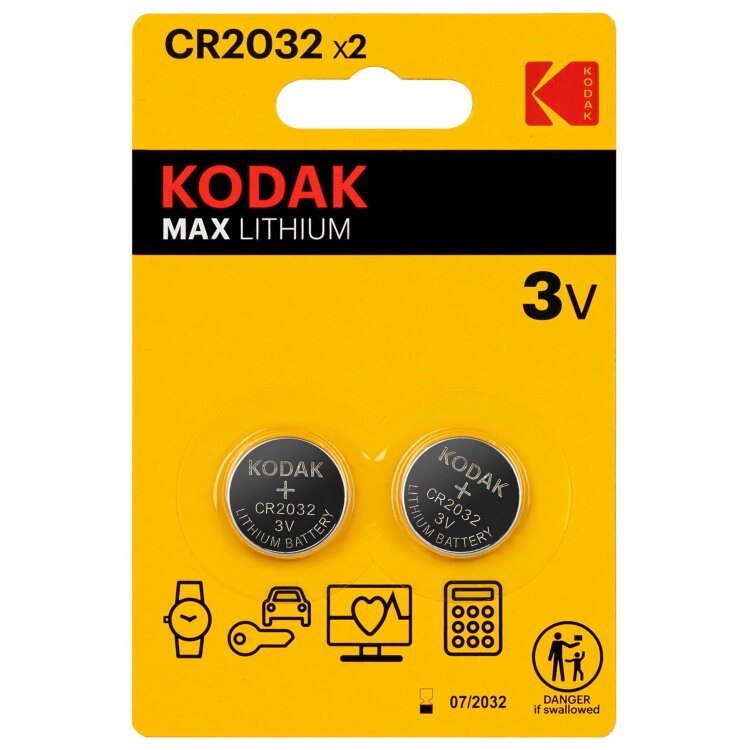 Батарейки литиевые KODAK Max Lithium CR2032 "таблетки, дисковые, кнопочные" КОМПЛЕКТ 2 шт., блистер, Б0037004, 457374