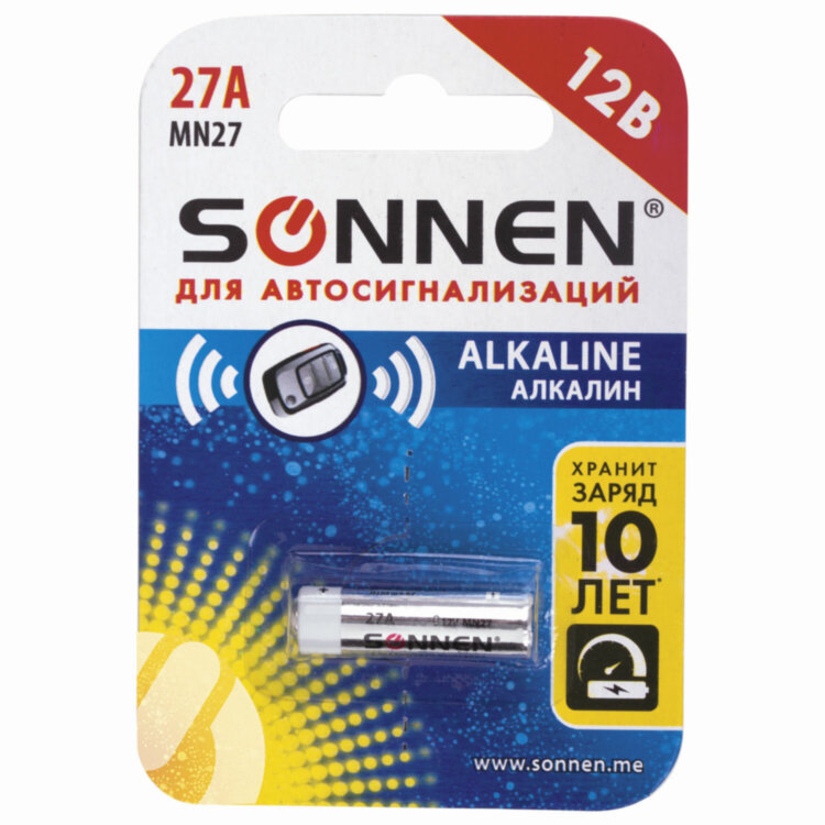 Батарейка SONNEN Alkaline, 27А (MN27), алкалиновая, для сигнализаций, 1 шт., в блистере, 451976, 451976