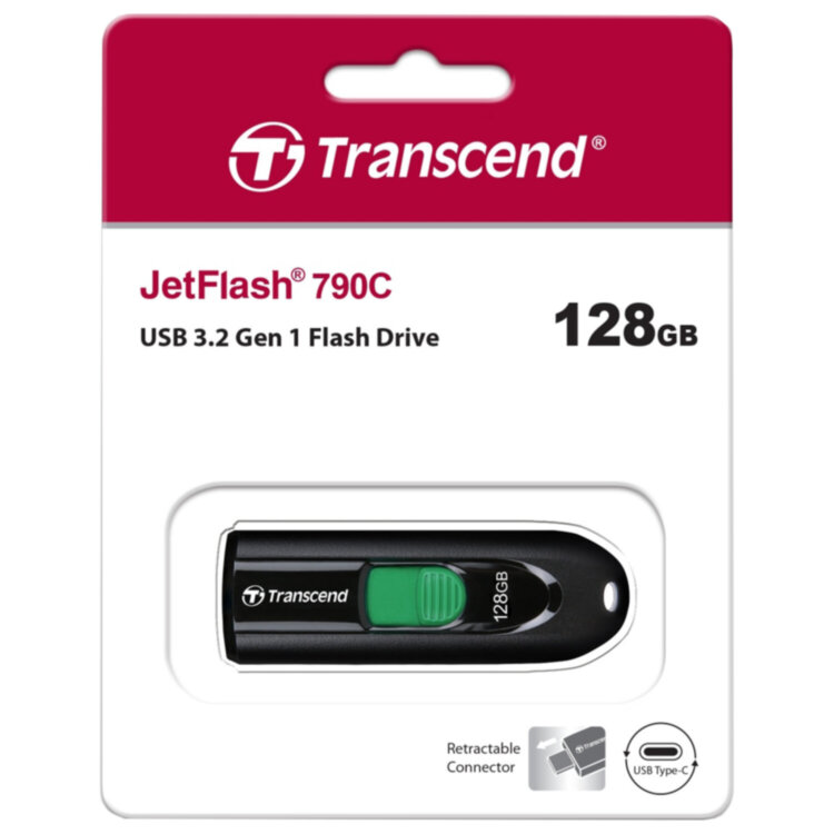 Флеш-диск 128 GB TRANSCEND JetFlash 790C, разъем USB Type-С, черный/зеленый, TS128GJF790C, 513650