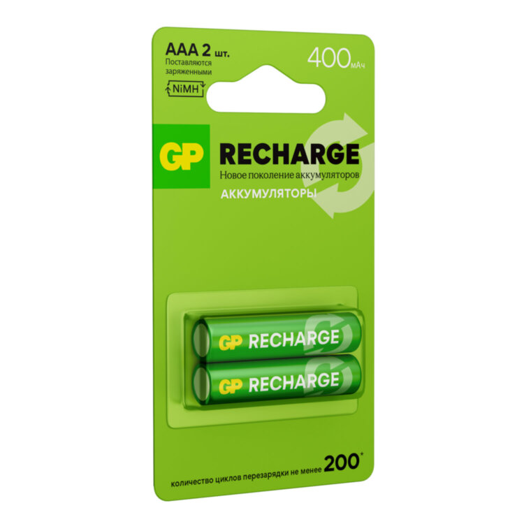 Батарейки аккумуляторные GP ReCharge Ni-Mh мизинчиковые КОМПЛЕКТ 2 шт., ААА (HR03) 400 mAh, 40AAAHCV, 40AAAHCV-2CRSB, 458474