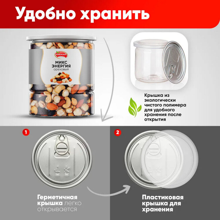 Орехи жареные в банке "МИКС Энергия", кешью, фундук, миндаль, изюм, 1 кг, NARMAK, 622756