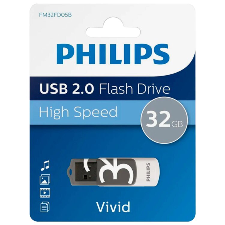Флеш-диск 32 GB PHILIPS VIVID, разъем USB 2.0, черный, FM32FD05B/97, 514090