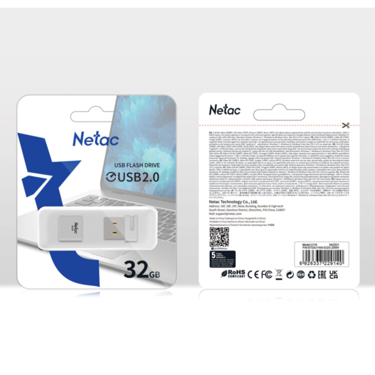 Флеш-диск 32 GB NETAC U116, USB 2.0, белый, NT03U116N-032G-20WH, 513693