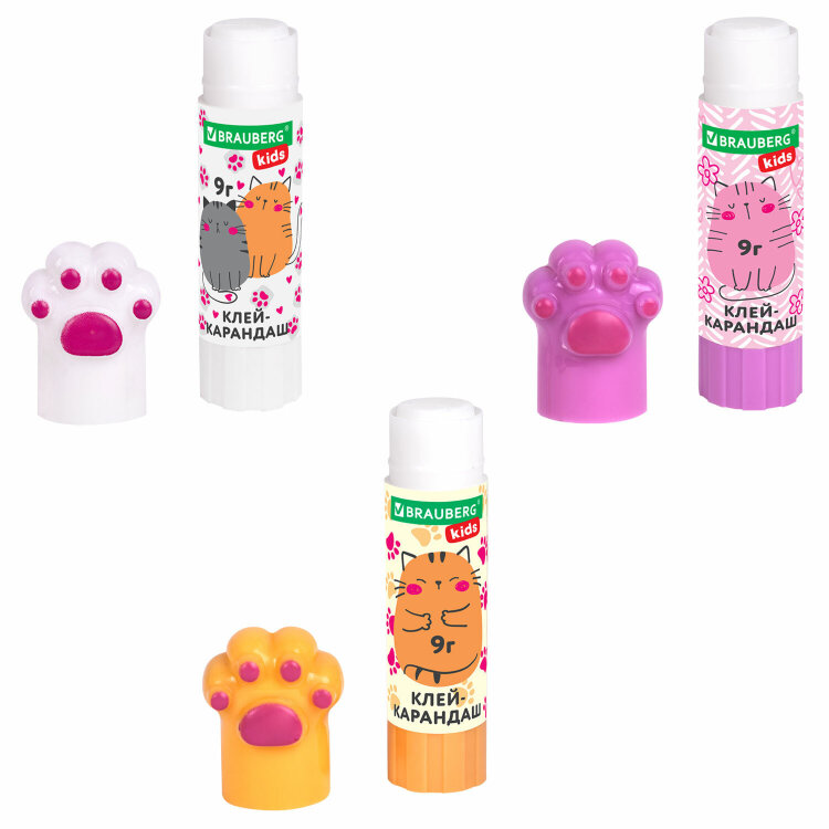 Клей-карандаш "Лапки" Cat Paw, 9 г, фигурный колпачок, 3 шт. на блистере, BRAUBERG KIDS, 271982, 271982