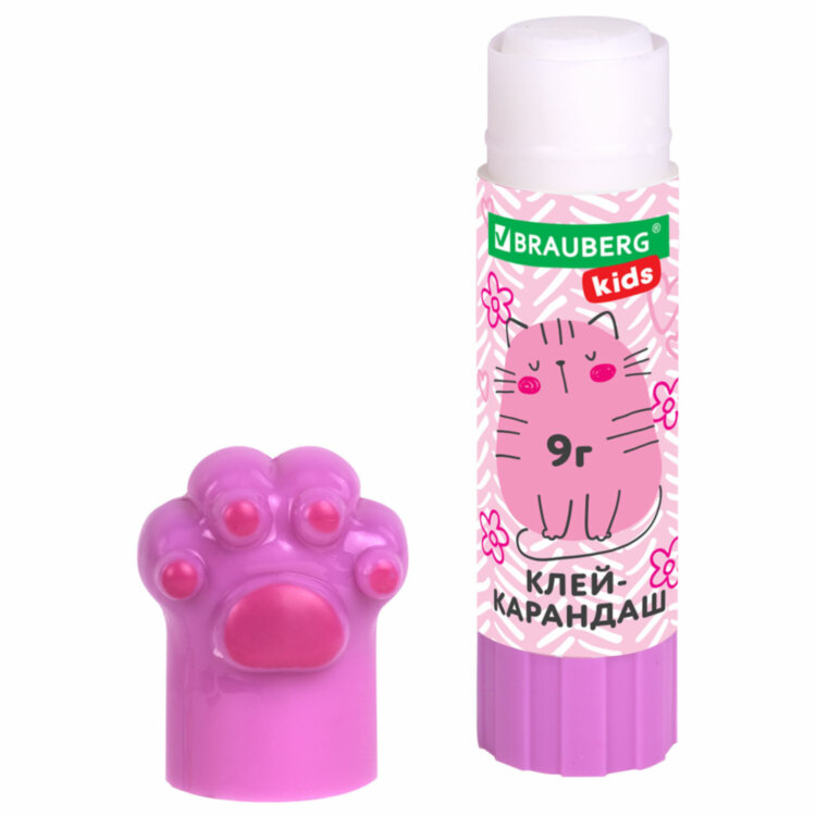 Клей-карандаш "Лапки" Cat Paw, 9 г, фигурный колпачок, 3 шт. на блистере, BRAUBERG KIDS, 271982, 271982