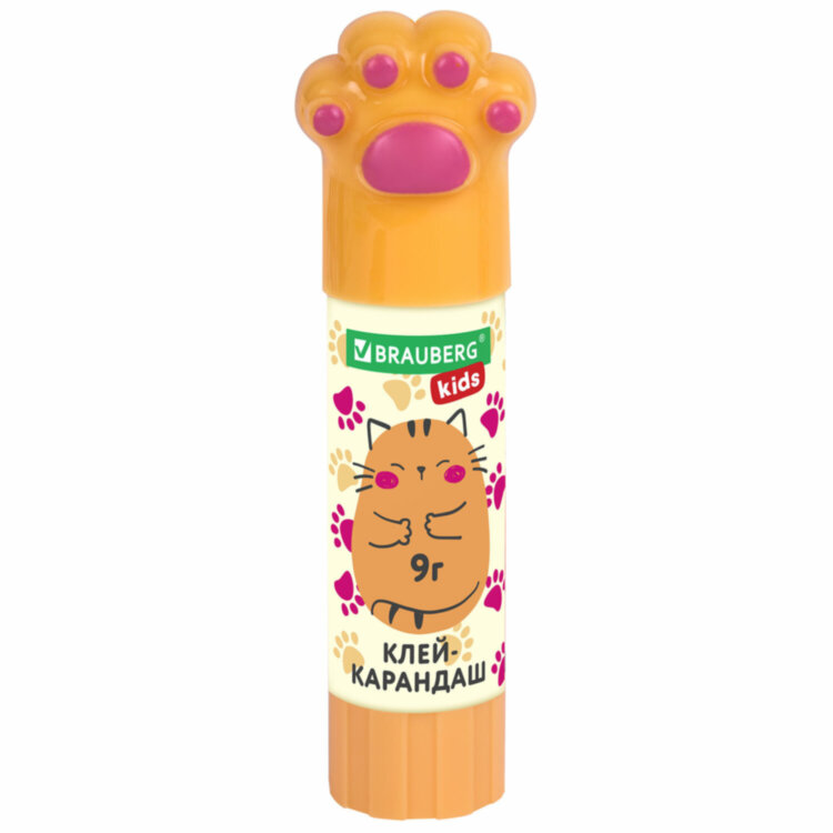 Клей-карандаш "Лапки" Cat Paw, 9 г, фигурный колпачок, 3 шт. на блистере, BRAUBERG KIDS, 271982, 271982