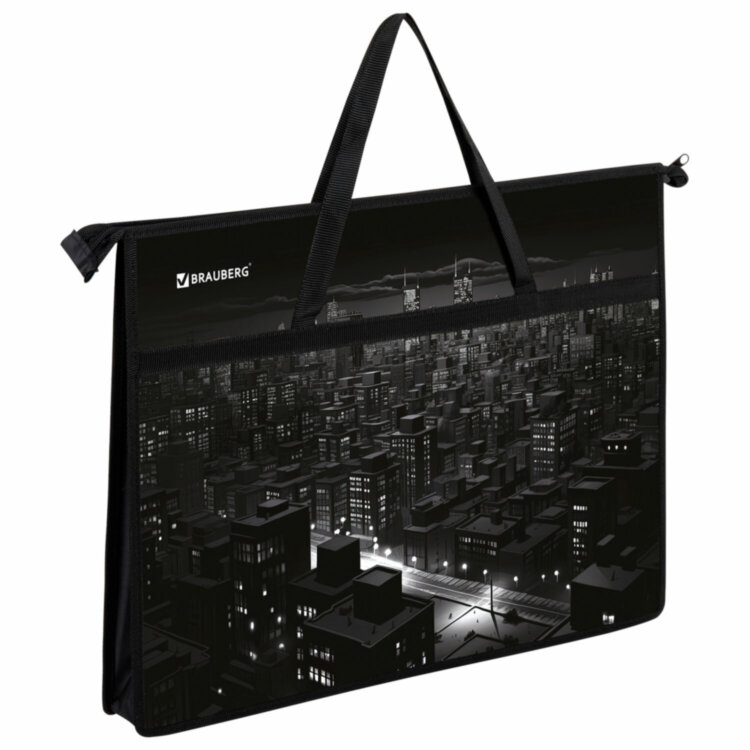 Папка для рисунков и чертежей с ручками BRAUBERG А3, пластик, молния сверху, "Night city", 273410, 273410