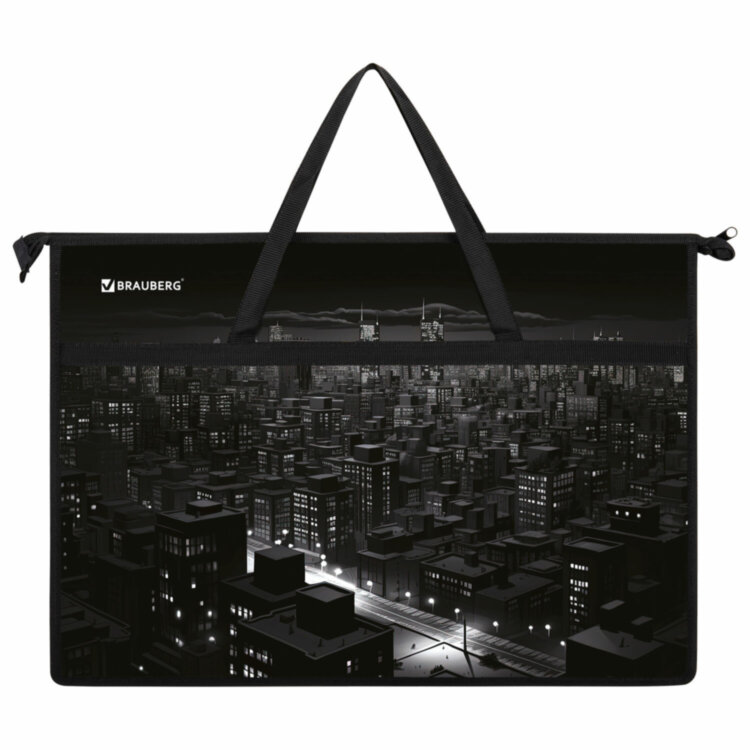 Папка для рисунков и чертежей с ручками BRAUBERG А3, пластик, молния сверху, "Night city", 273410, 273410