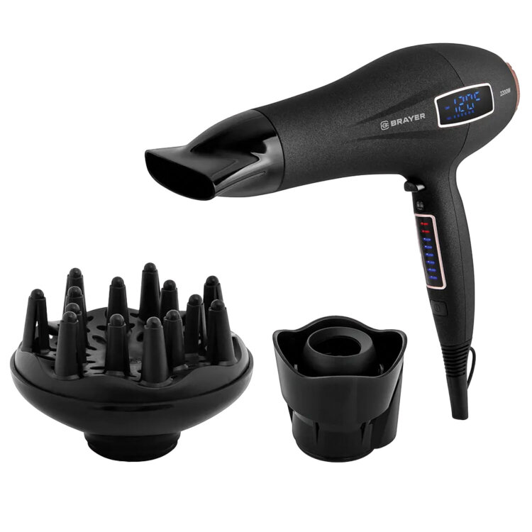Фен BRAYER BR3001, 2200 Вт, 6 скоростей, 8 температурных режимов, сенсорное управление, серый, 456102