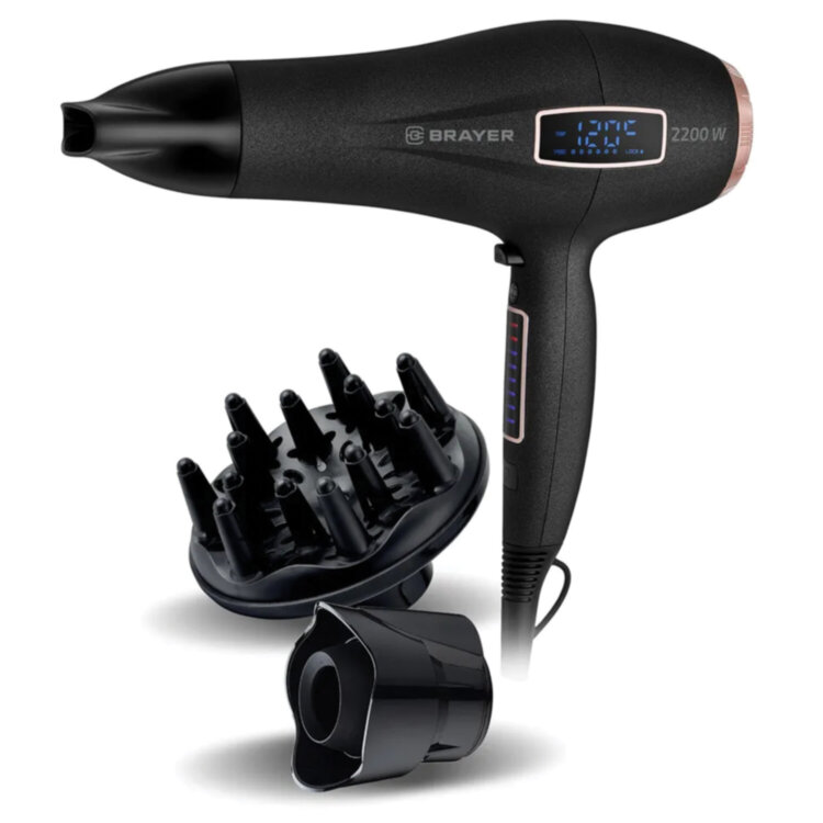 Фен BRAYER BR3001, 2200 Вт, 6 скоростей, 8 температурных режимов, сенсорное управление, серый, 456102