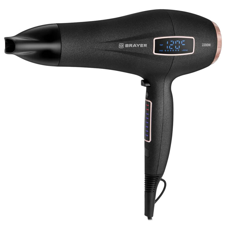 Фен BRAYER BR3001, 2200 Вт, 6 скоростей, 8 температурных режимов, сенсорное управление, серый, 456102