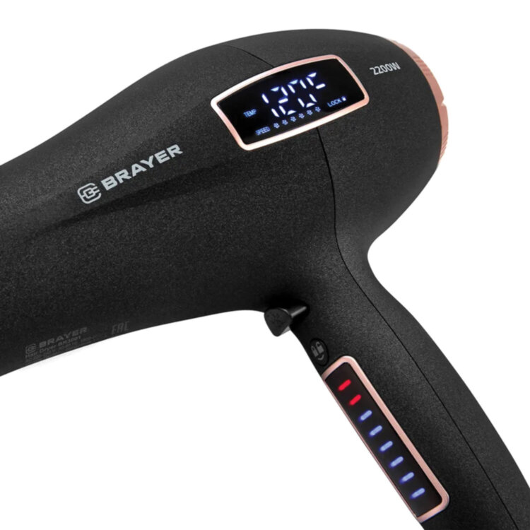 Фен BRAYER BR3001, 2200 Вт, 6 скоростей, 8 температурных режимов, сенсорное управление, серый, 456102