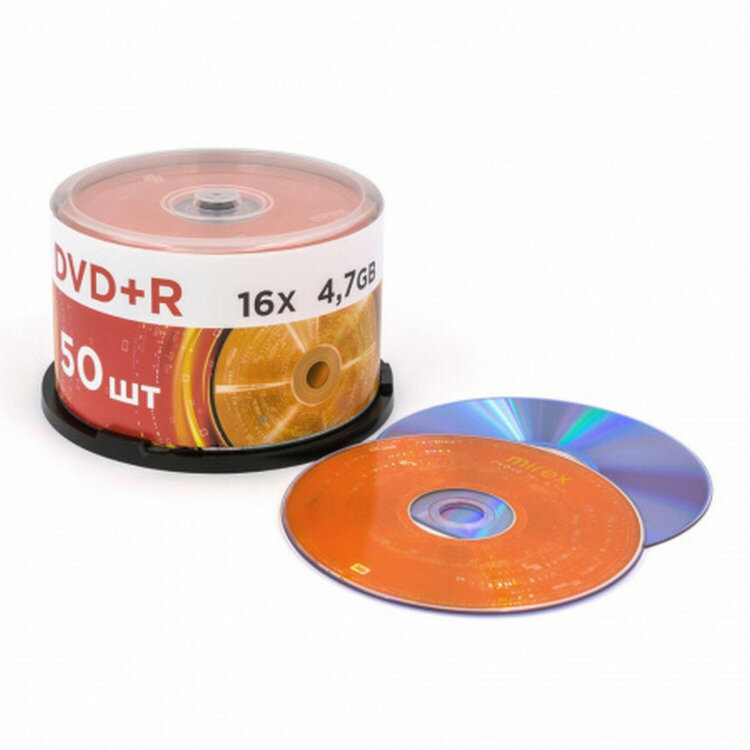 Диск DVD+R (плюс) MIREX, 4,7 Гб, 16x, Cake Box (упаковка на шпиле), КОМПЛЕКТ 50 шт., UL130013A1B, 514016