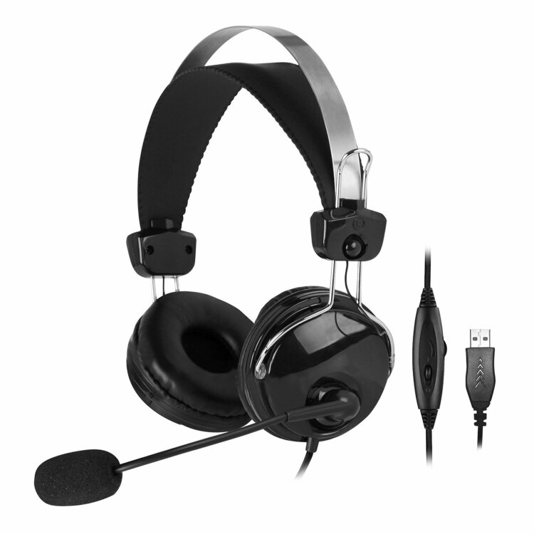 Наушники с микрофоном (гарнитура) A4TECH HU-7P, проводные, 2 м, USB, черные, 1379906, 513939