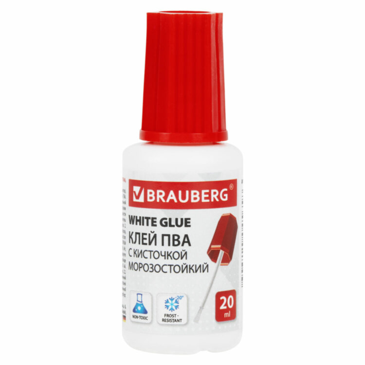 Клей ПВА BRAUBERG, 20 г, с кисточкой, морозостойкий, 222875, 222875