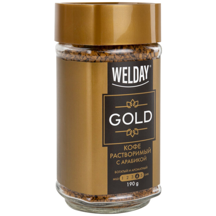 Кофе растворимый WELDAY (ВЭЛДЭЙ) "GOLD" 190 г, стеклянная банка, сублимированный, 622674, 622674