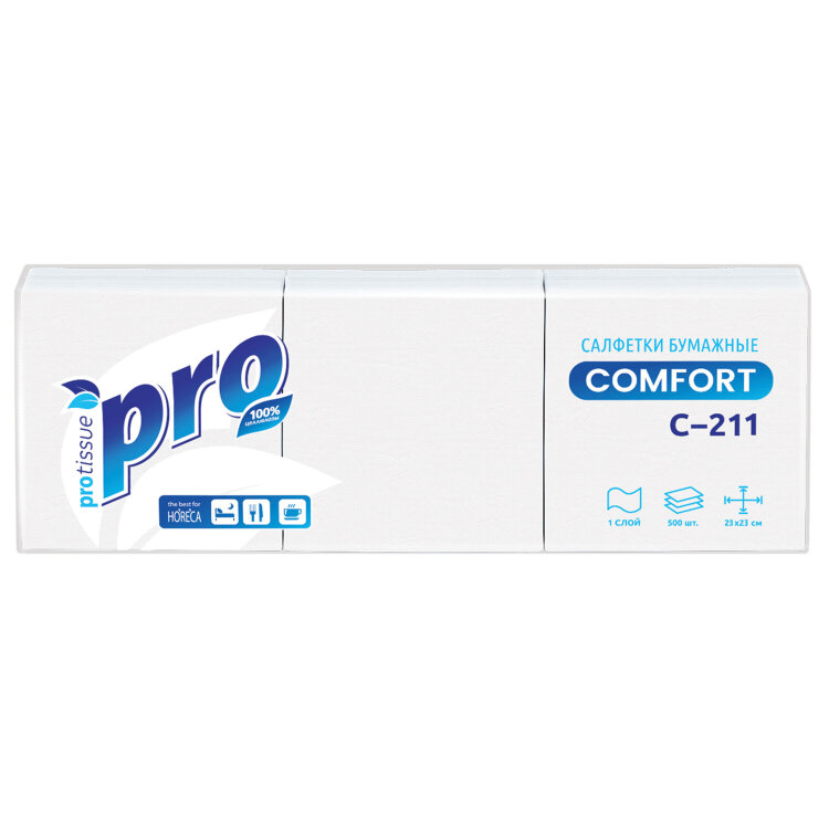 Салфетки бумажные 500 шт., 23х23 см, PROtissue COMFORT, "Big Pack", белые, КОМПЛЕКТ 10 пачек, С211, 114338