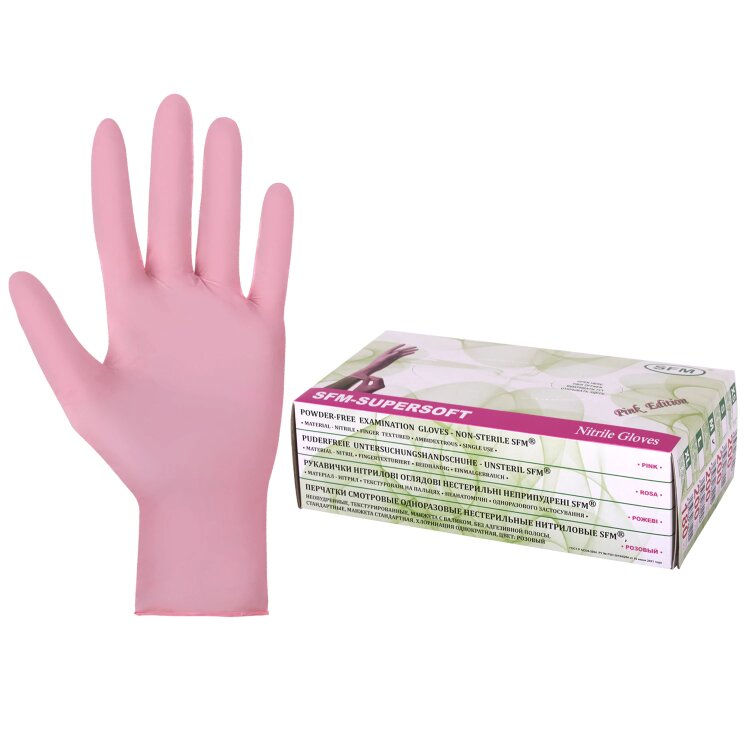Перчатки нитриловые смотровые SFM Supersoft PINK, Германия, 100 пар (200 штук), размер 7-8, M (средний), розовые, 631518