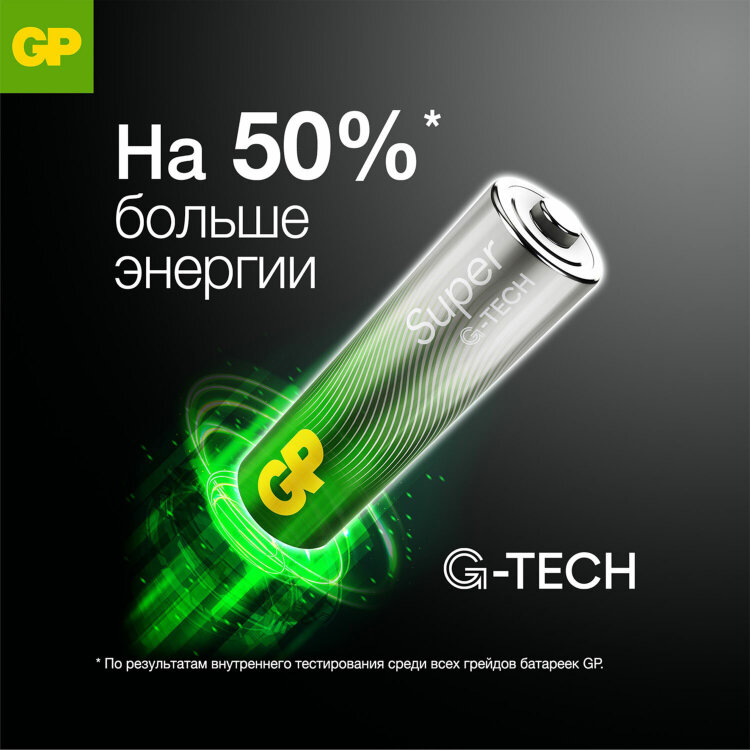 Батарейки КОМПЛЕКТ 4 шт., GP Super G-Tech, AAA (LR03, 24А), алкалиновые, мизинчиковые, блистер, 24A-2, 450436