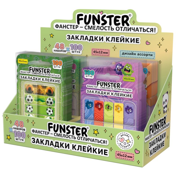 Закладки клейкие Z-сложения FUNSTER (ФАНСТЕР) "Ассорти", 45х12 мм, 100 шт., (5 цветов х 20 листов), в диспенсере, 116705, 48 штук, 116705