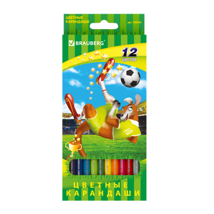 Карандаши цветные BRAUBERG "Football match", 12 цветов, шестигранные, грифель 3 мм, натуральное дерево, 180534, 180534