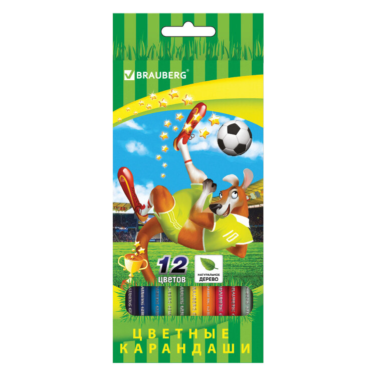 Карандаши цветные BRAUBERG "Football match", 12 цветов, шестигранные, грифель 3 мм, натуральное дерево, 180534, 180534